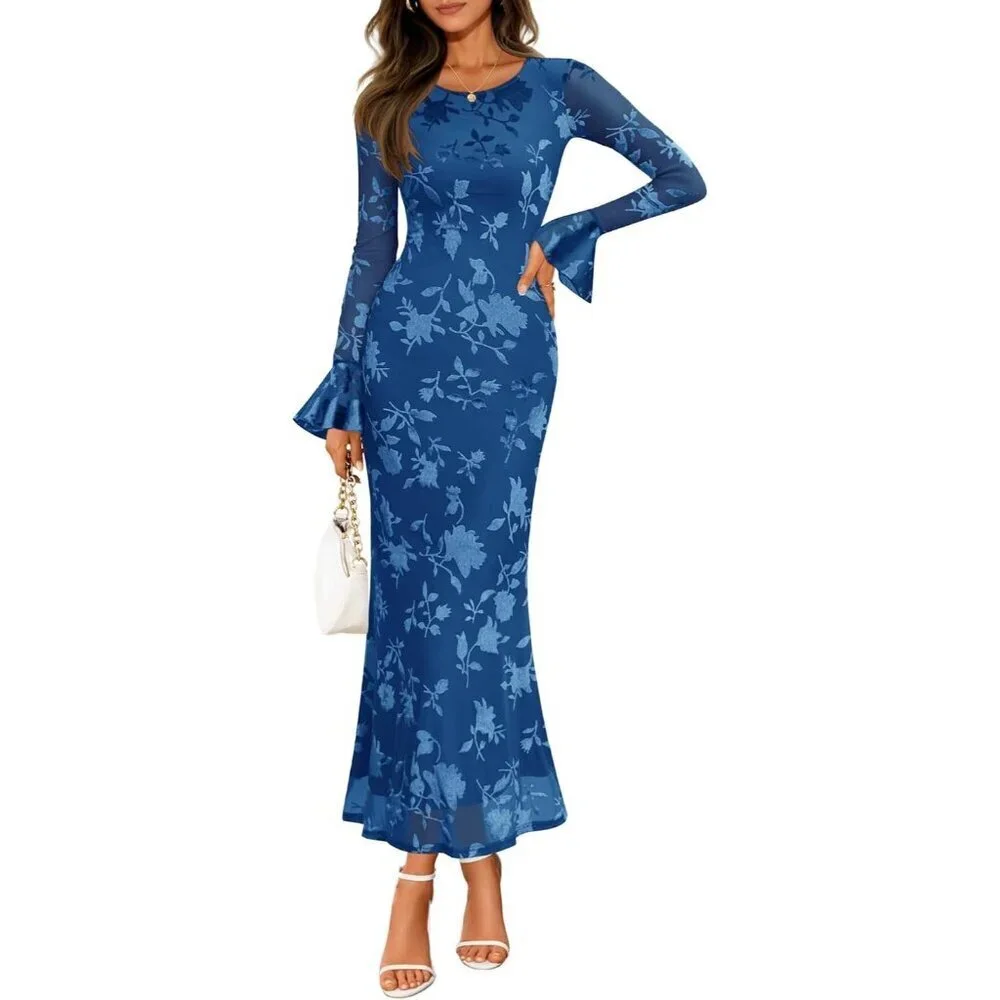 Women's Dark Blue Long Sleeve Spring Fashion Bodycon Mesh Floral Maxi Dress